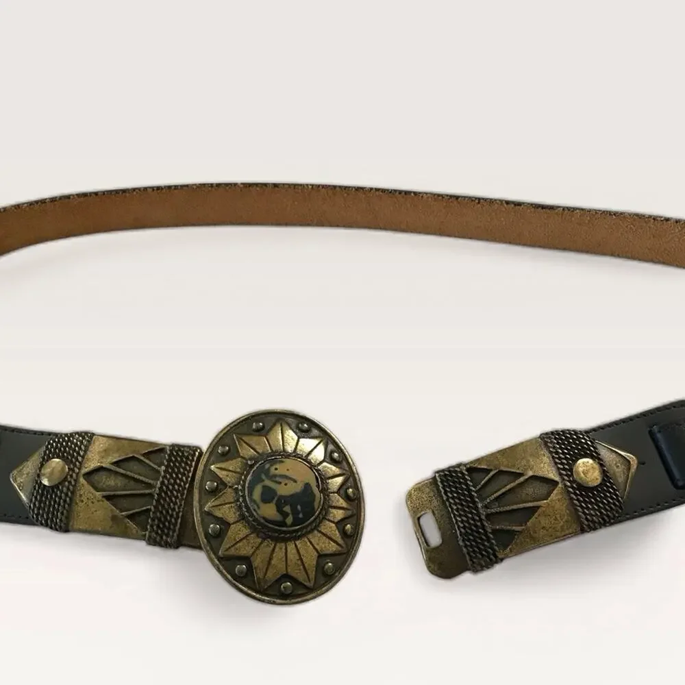 Vintage 1990's Western Style Black & Tan Belt with Brass Buckle